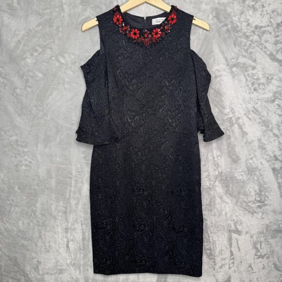 Teri Jon Rickie Freeman Dress Womens 4 Black Beaded Floral Cold Shoulder Sheath - Picture 1 of 12